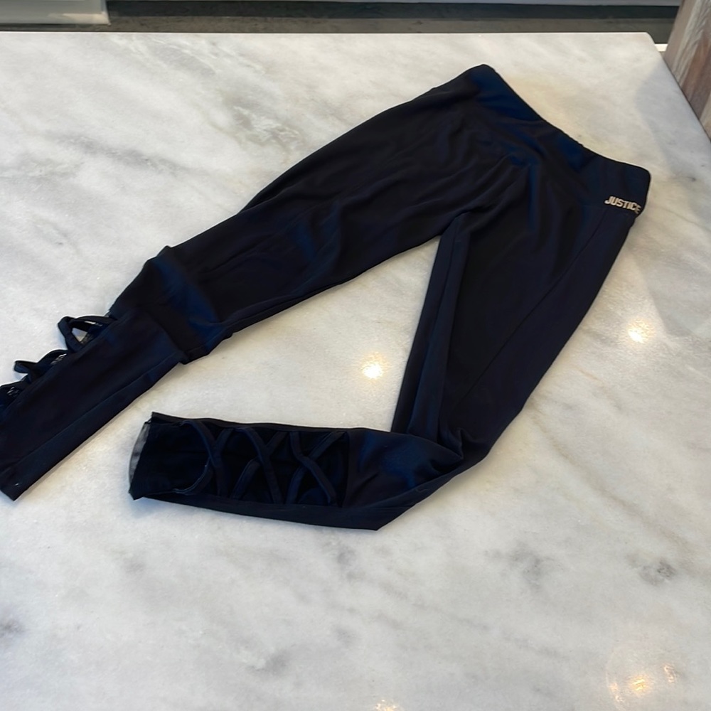 Justice ACTIVE: black leggings with mesh/crisscross detail